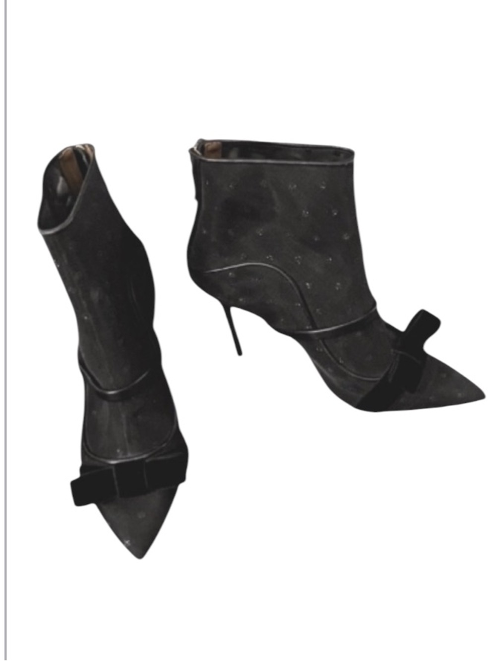 Malone Souliers Claudia Ray Luwolt Italy Mesh Velvet Bow Pointy Toe Ankle Boots
